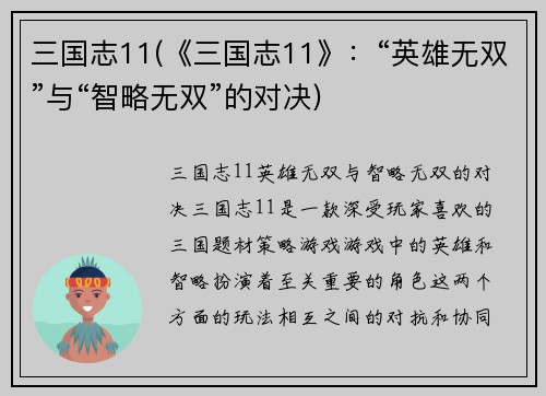 三国志11(《三国志11》：“英雄无双”与“智略无双”的对决)